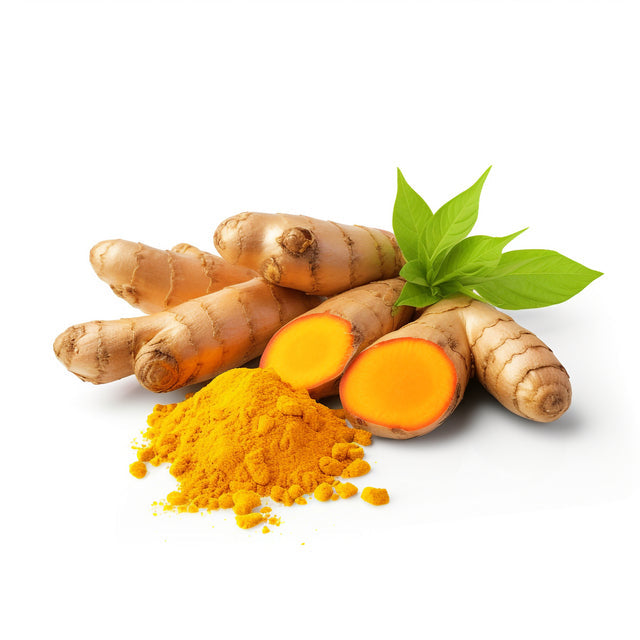 An image of fresh turmeric root alongside a small pile of vibrant orange turmeric powder on a white background, with green leaves on the right side of the root.