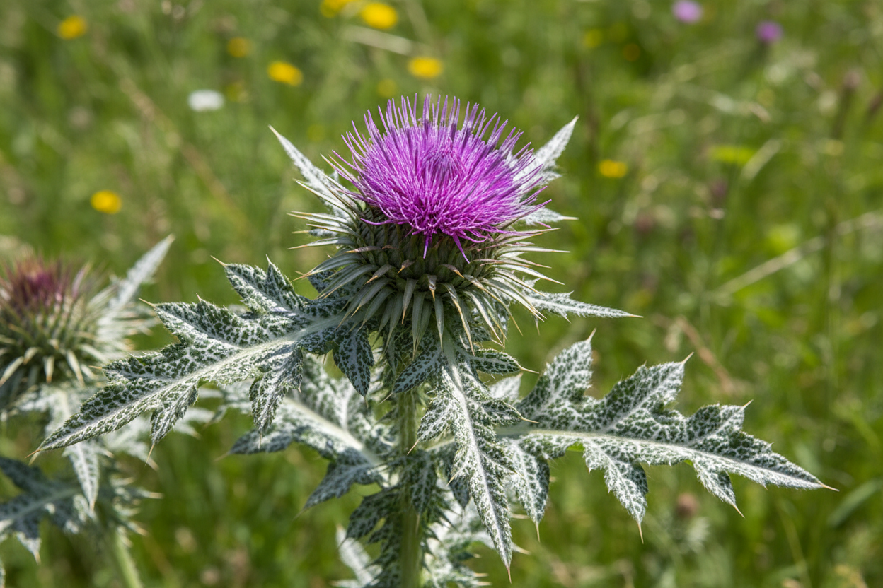 A close up picture of Milk Thistle in a field showing its thorny leaves and prickly purple flower 