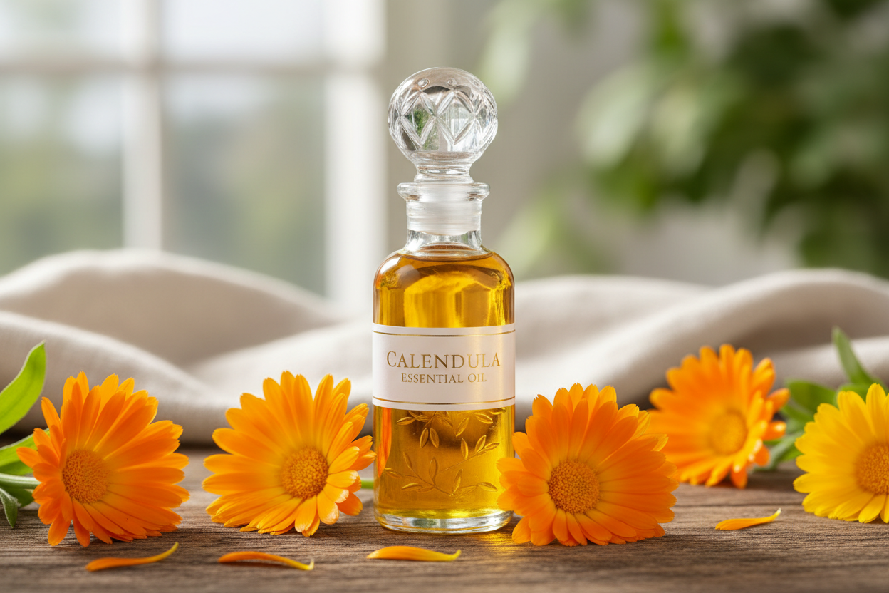 Glass bottle of Calendula essential oil with white label and glass ball topper on a wooden surface surrounded by Calendula flowers