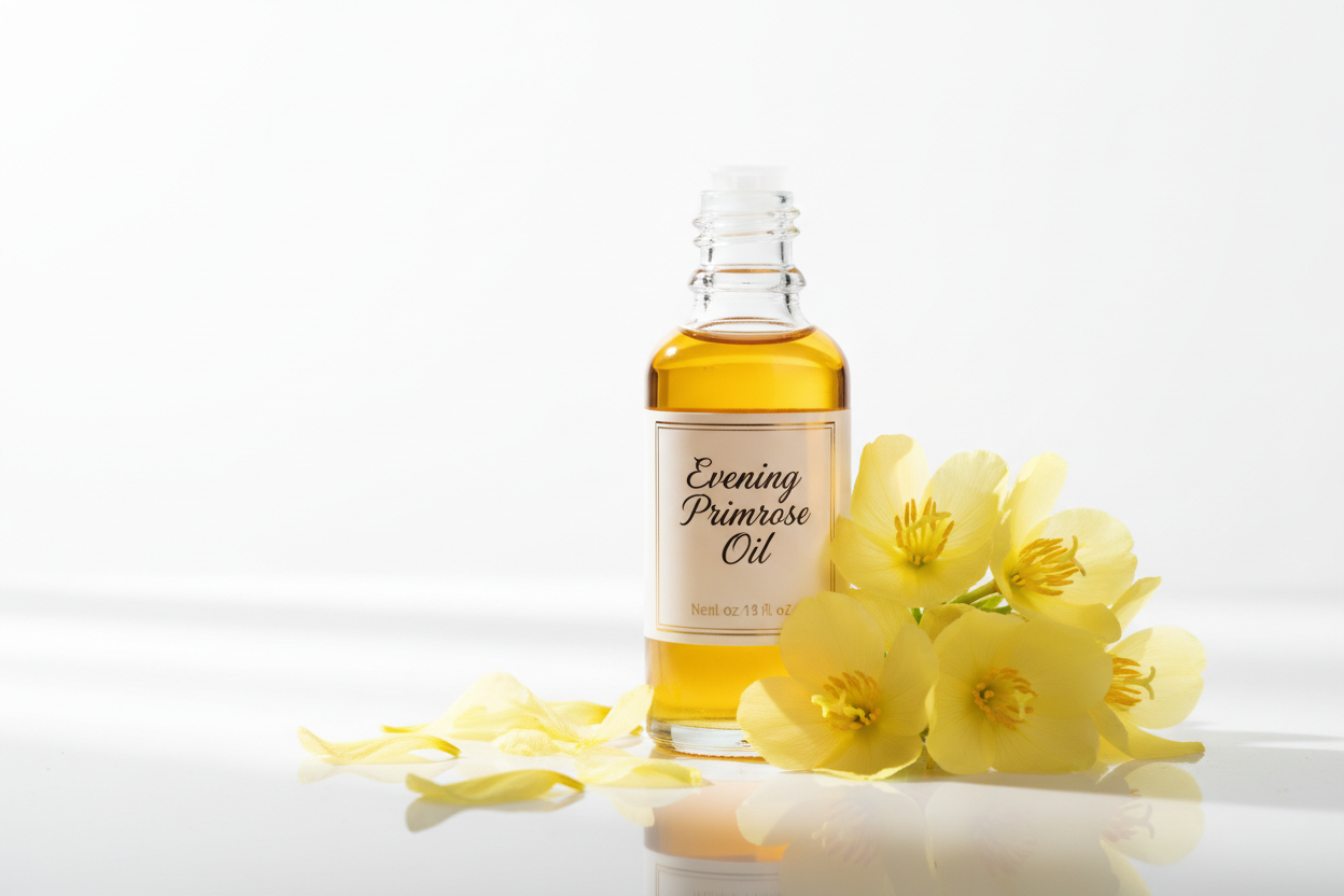 Open glass bottle of Evening Primrose Oil with evening primrose flowers on the right side and a few peddles on the left