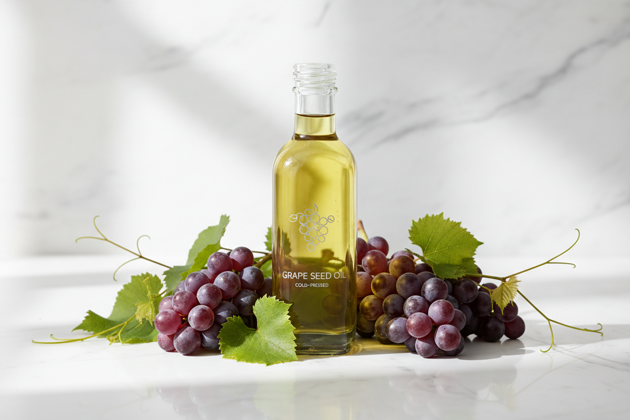 Glass bottle of Grape Seed Oil labeled with red grapes laying around on a marble surface 
