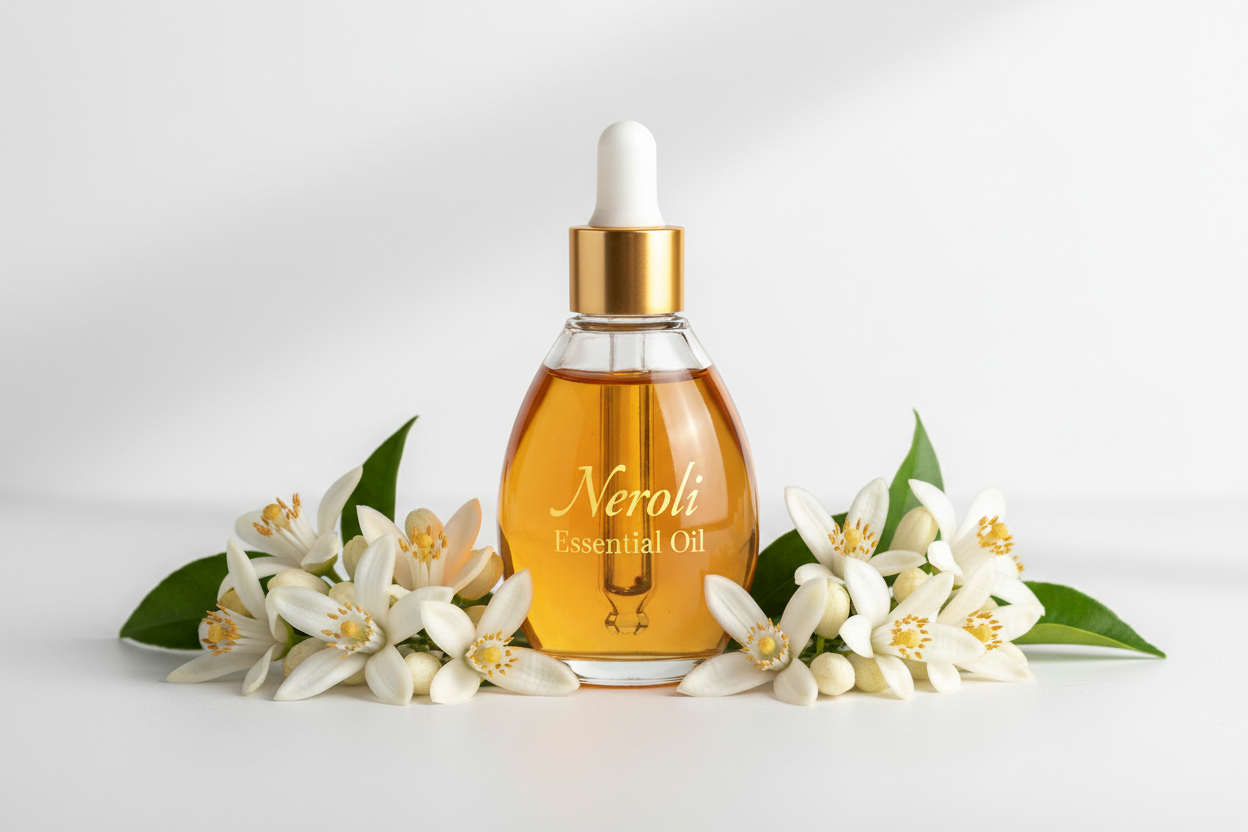 Glass bottle of Neroli essential oil labeled in white with a gold and white dropper with Neroli flowers laying around the bottle on a white surface and background 
