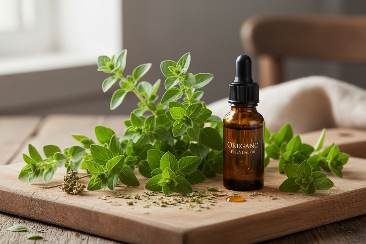 Oregano essential oil in a brown bottle and black dropper top surrounded with fresh and dried Oregano leaves on a wooden surface