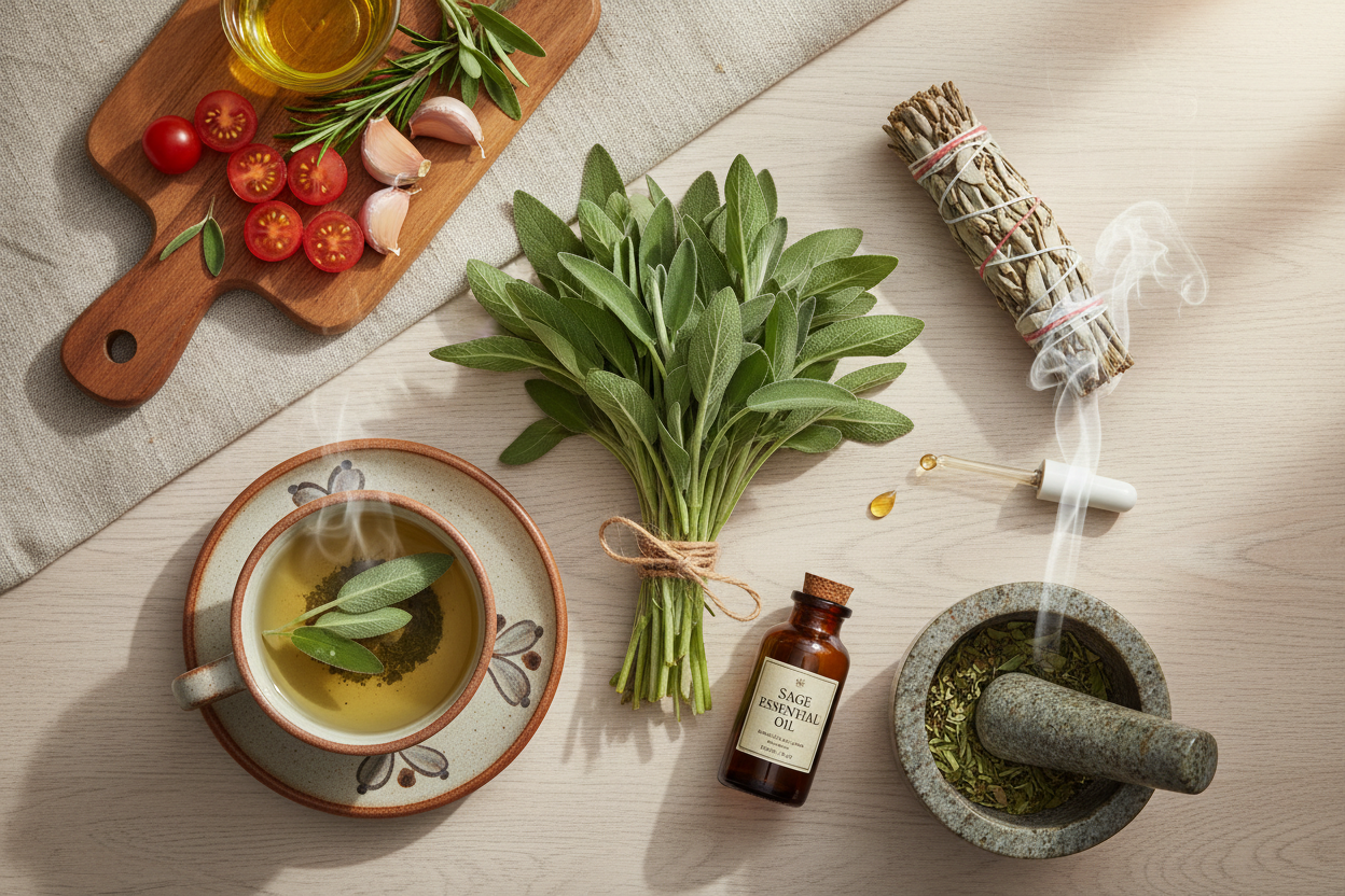 A wooden surface showing fresh sage leaves on a cutting board with tomatoes and herbs, a bowl of dried sage, and a dried sage bundle with a brown bottle of sage essential oil.