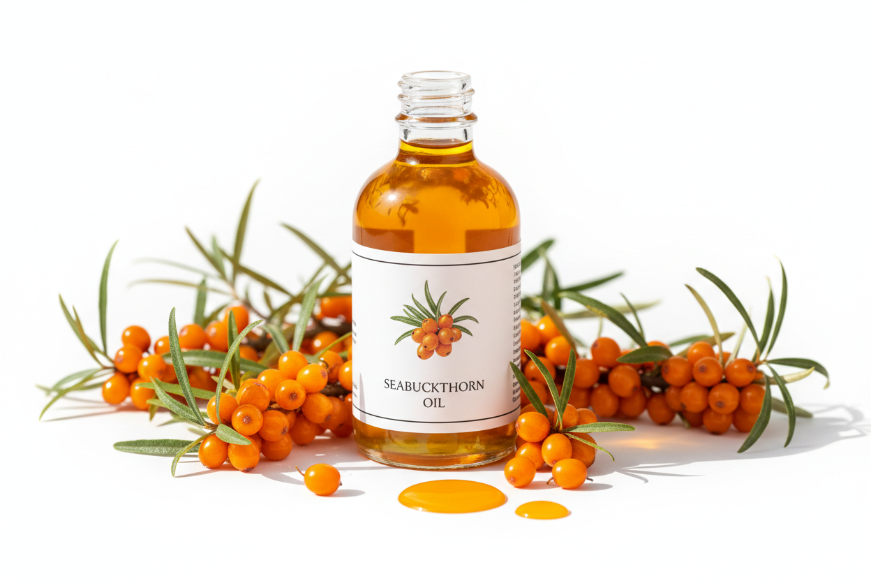 Open bottle of sea buckthorn oil with a white label on a white backdrop with seabuckthorn berries arround the bottle and drops of oil on the ground